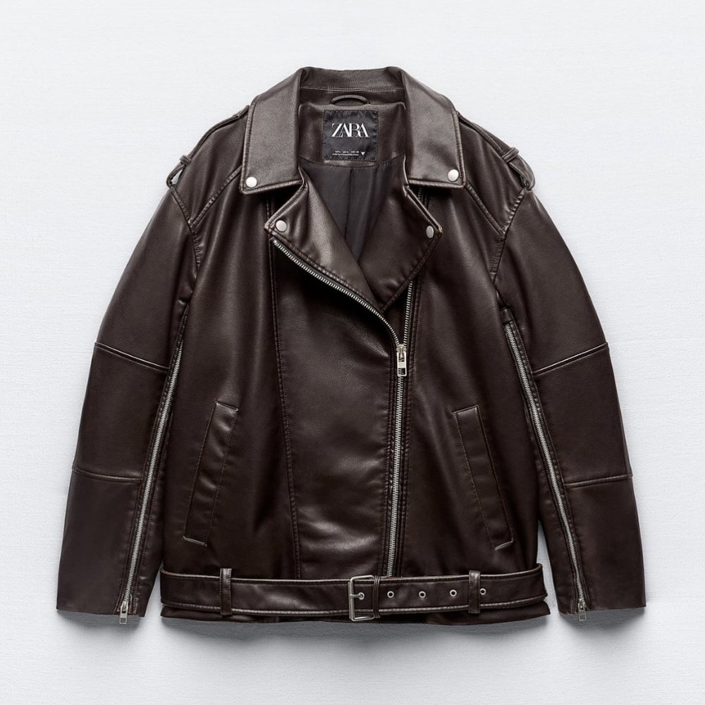 NWT Brown Faux Leather Oversized Biker Jacket, L